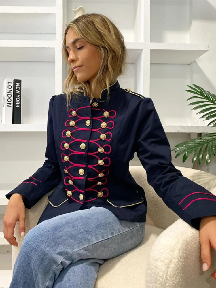 Veste Courte Femme Style Militaire Napoléon Vert Kaki Col Droit Boutonnage Simple – Chic Rétro High Street