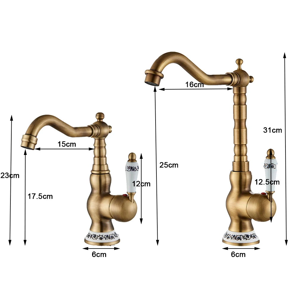 Robinet Laiton Antique Mono-Trou – Poignée Céramique Pivotante, Mitigeur Eau Chaude & Froide | Cuisine & Salle de Bain