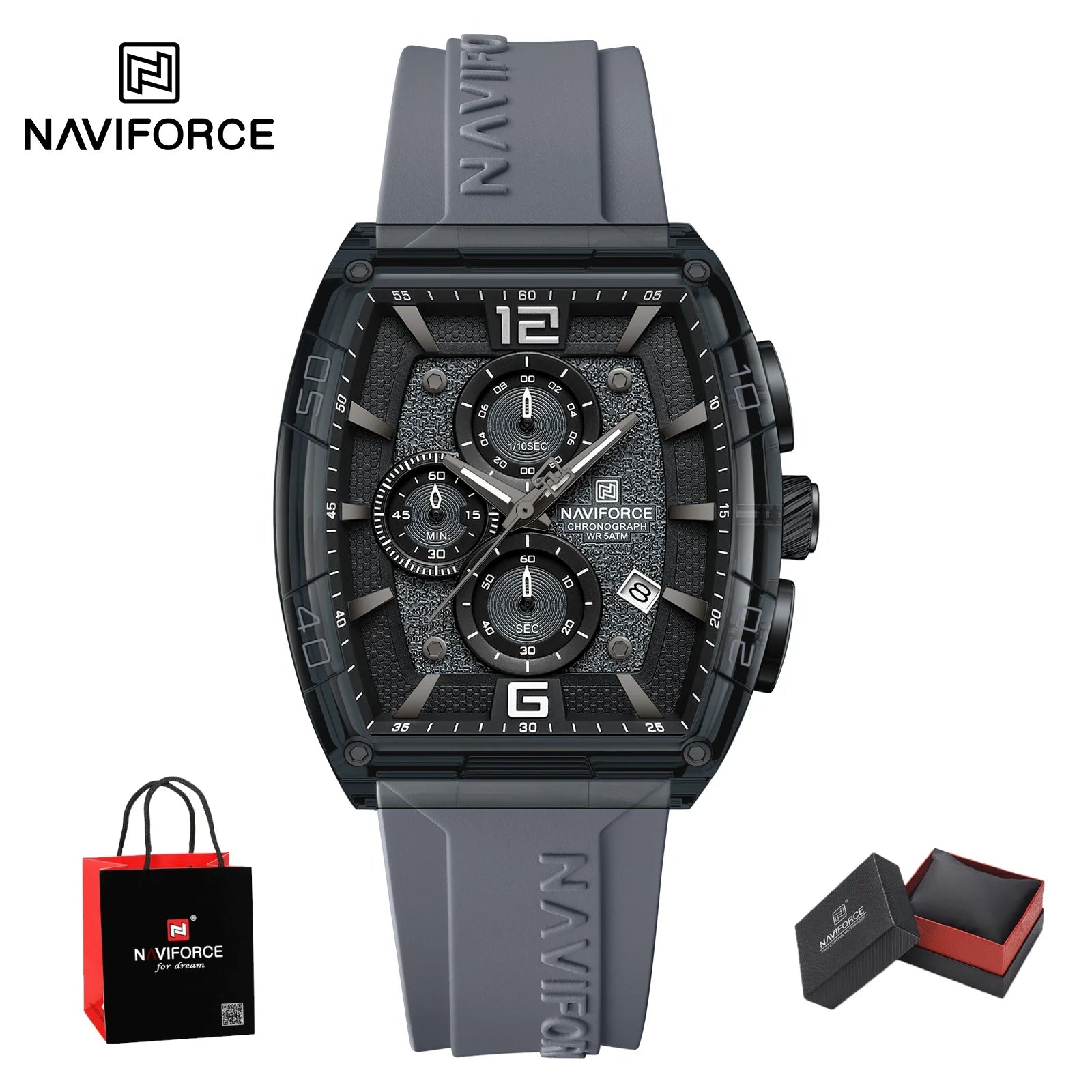 Montre Homme NAVIFORCE Luxe Sport Étanche Bracelet Silicone Quartz Lumineux Chronographe Coffret Cadeau Inclus | Montre NAVIFORCE Chronographe Sport Luxe Premium