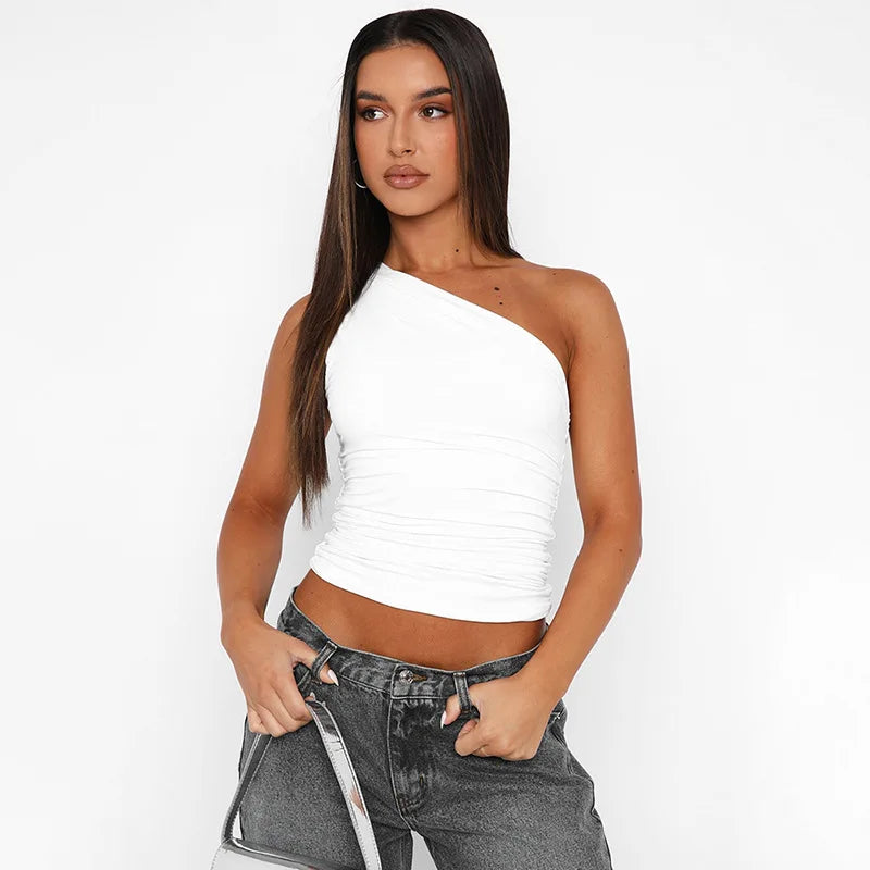 Top Une Épaule Dos Nu Femme – Couleur Bonbon Ajusté Sans Manches | Sexy Casual Été