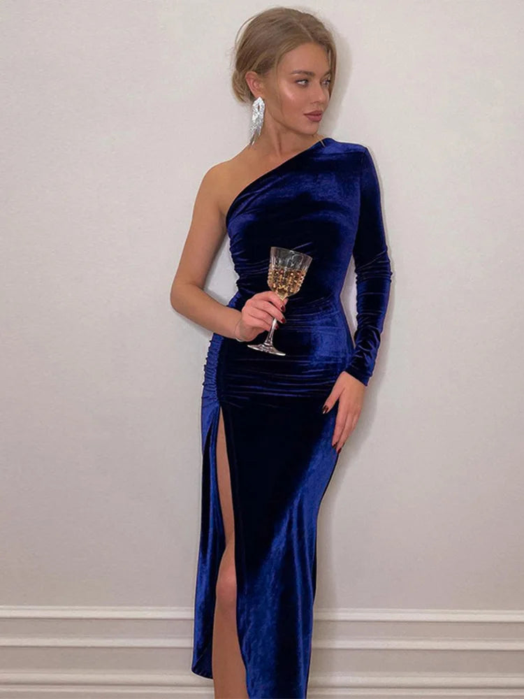 Elegantes Damen Samt Midi-Kleid Langarm Bodycon Schlitz Bleistift Abendkleid – Schickes Outfit Frühling Herbst | Glamour