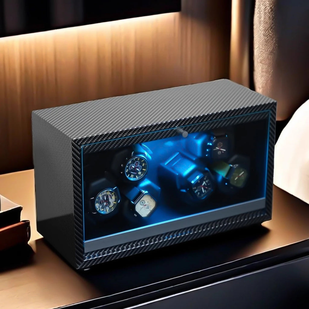 Remontoir Montre Automatique 1/2/4/6 Slots Boîte Bois Moteur Silencieux LED Bleue Vitrine Bijoux Premium | Remontoir Montre Automatique Bois LED Premium