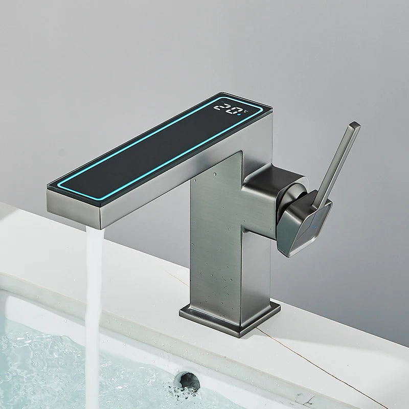 Robinet Lavabo Digital LED Gris – Affichage Température, Lumière LED, Mitigeur Eau Chaude & Froide | Salle de Bain High-Tech