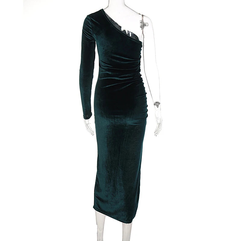 Elegantes Damen Samt Midi-Kleid Langarm Bodycon Schlitz Bleistift Abendkleid – Schickes Outfit Frühling Herbst | Glamour
