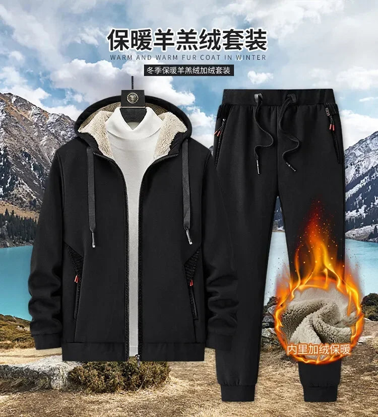 Ensemble Homme Cashmere Tracksuit Hiver – Veste + Pantalon Polaire Épaisse Capuche Chaud