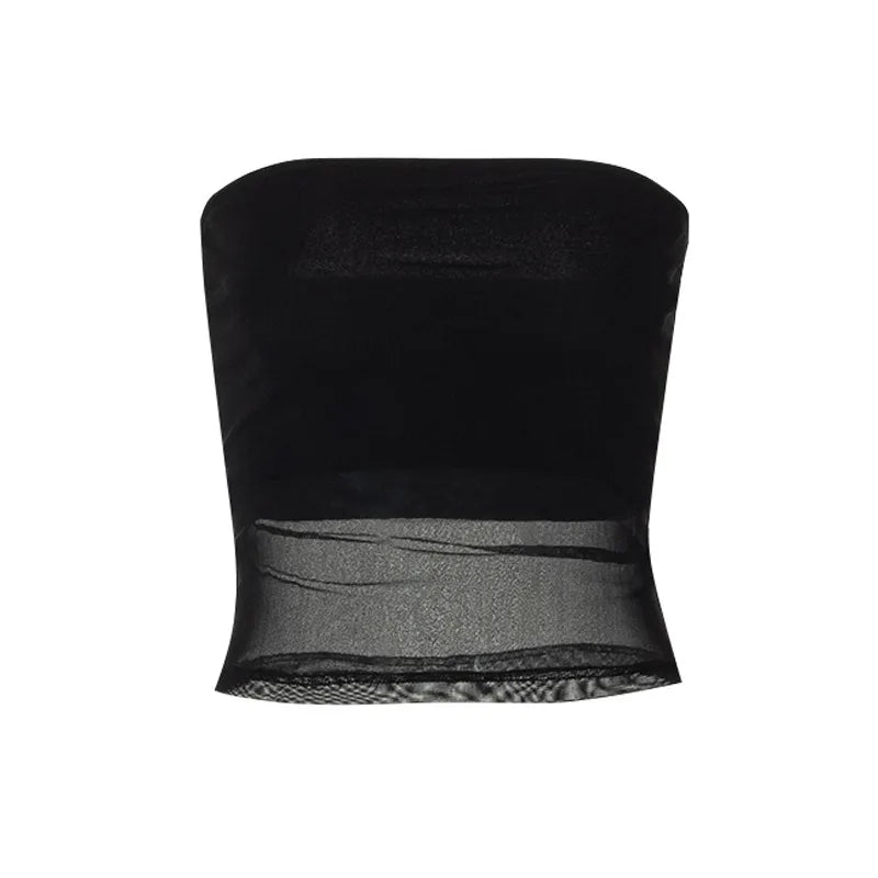 Crop Top Corset Femme Noir Mesh Patchwork Sans Bretelles Épaules Dénudées Slim Sexy – Streetwear Été | Cami