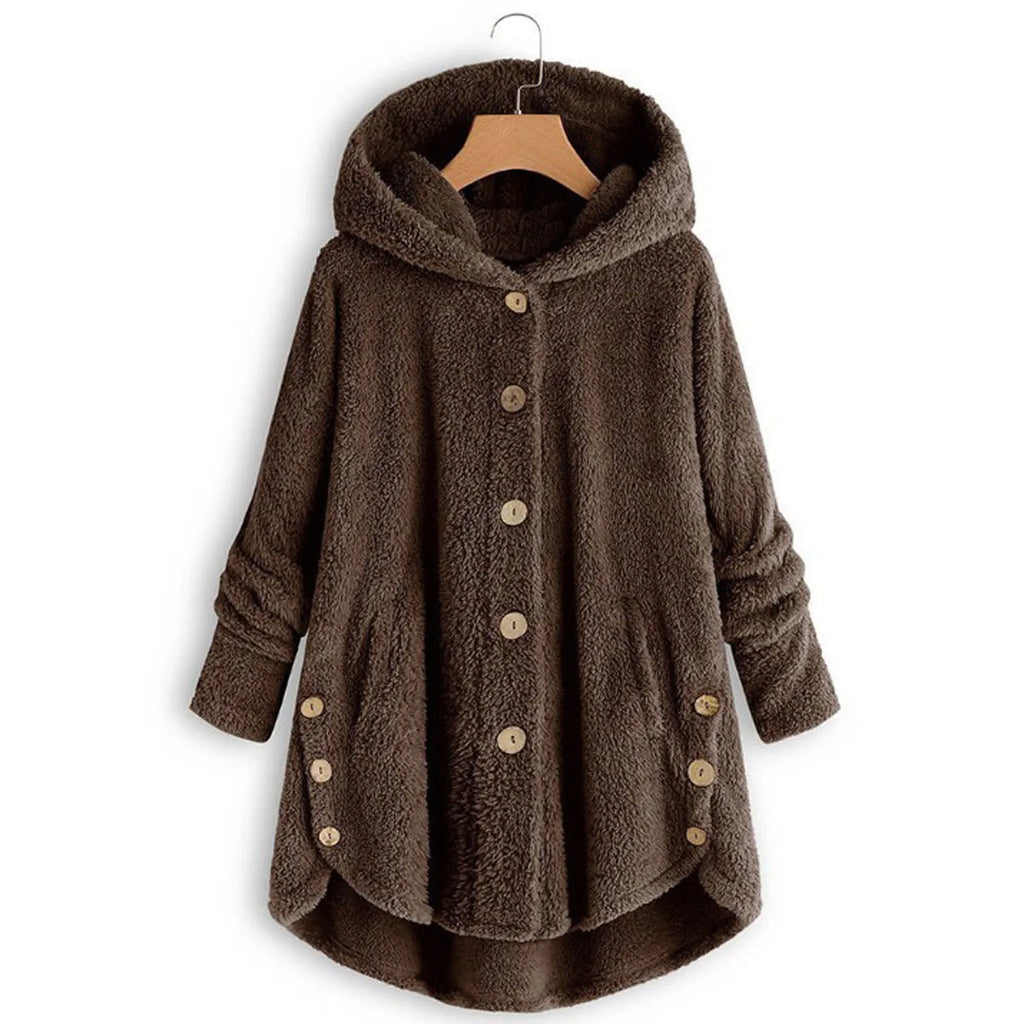 Damen Teddyfell-Mantel mit Kapuze – Warme Fleece-Jacke Unifarben | Herbst Winter Trend