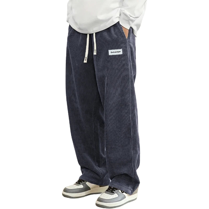 Pantalon Velours Côtelé Homme Loose Fit Coupe Droite Automne – Taille Élastique Cordon Outdoor Streetwear | Mode Homme