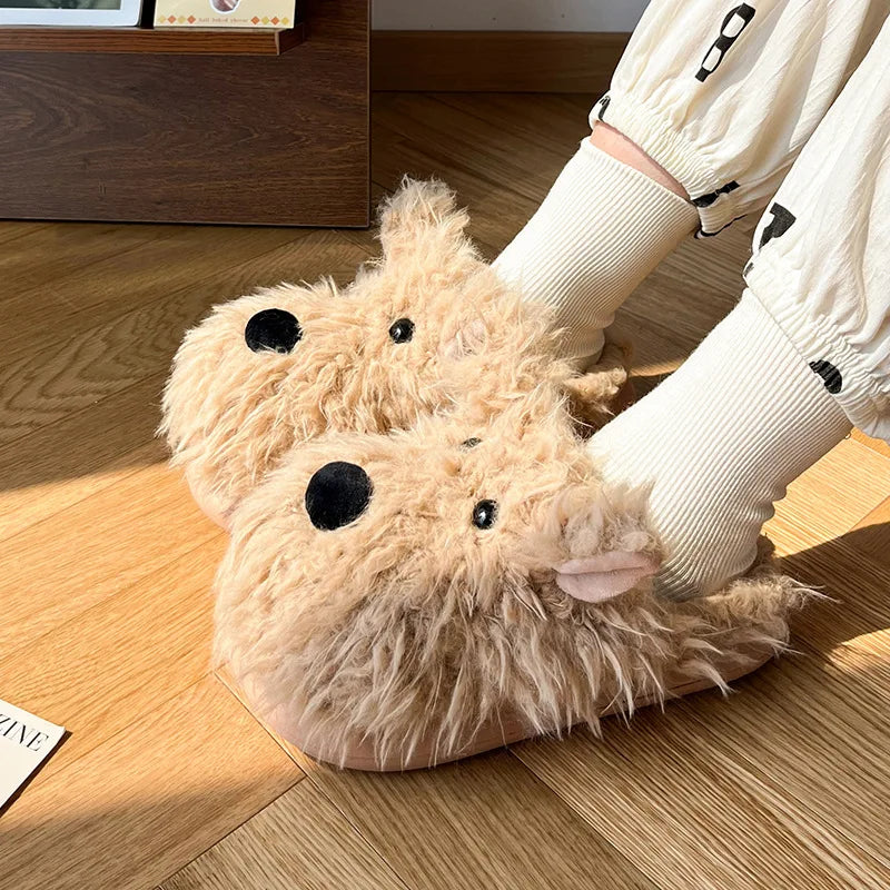 Chaussons Chien Cartoon Plush Hiver Femme – Coton Chaud Non-Slip Intérieur Maison