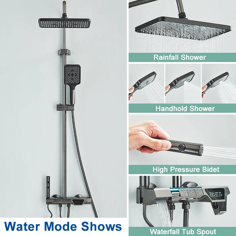 Rozin Ensemble Douche Pluie Gris – Affichage Digital, Style Piano, Mitigeur | Avec Bidet & Douchette
