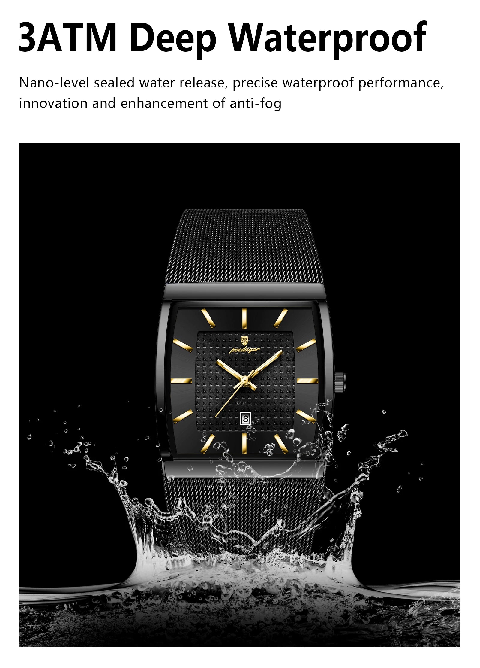 Montre Homme Luxe POEDAGAR Maille Acier Inoxydable Lumineux Date Quartz – Étanche Élégante