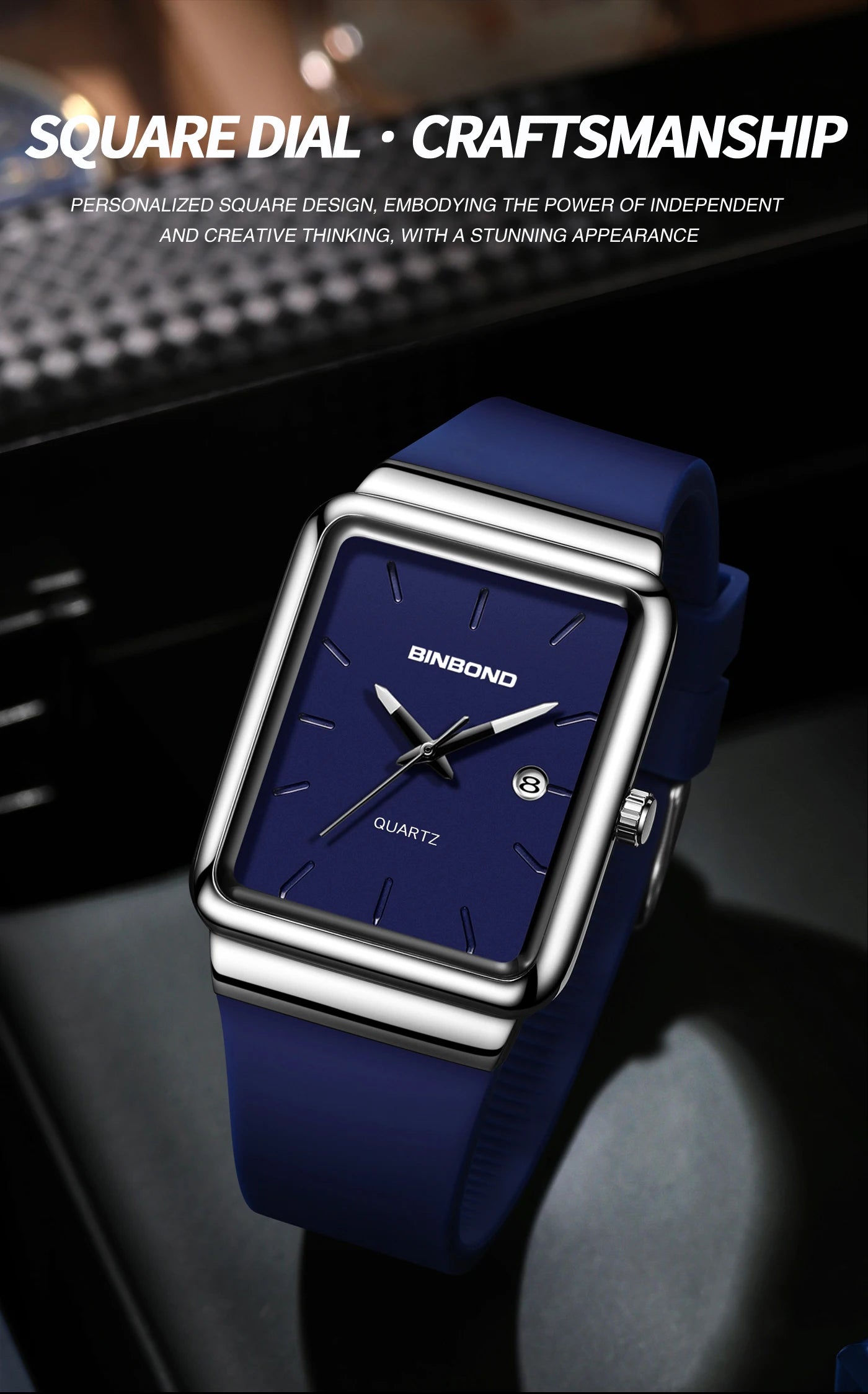 Montre Homme BINBOND Carré Quartz Silicone – Fashion Simple Étanche Tendance Original
