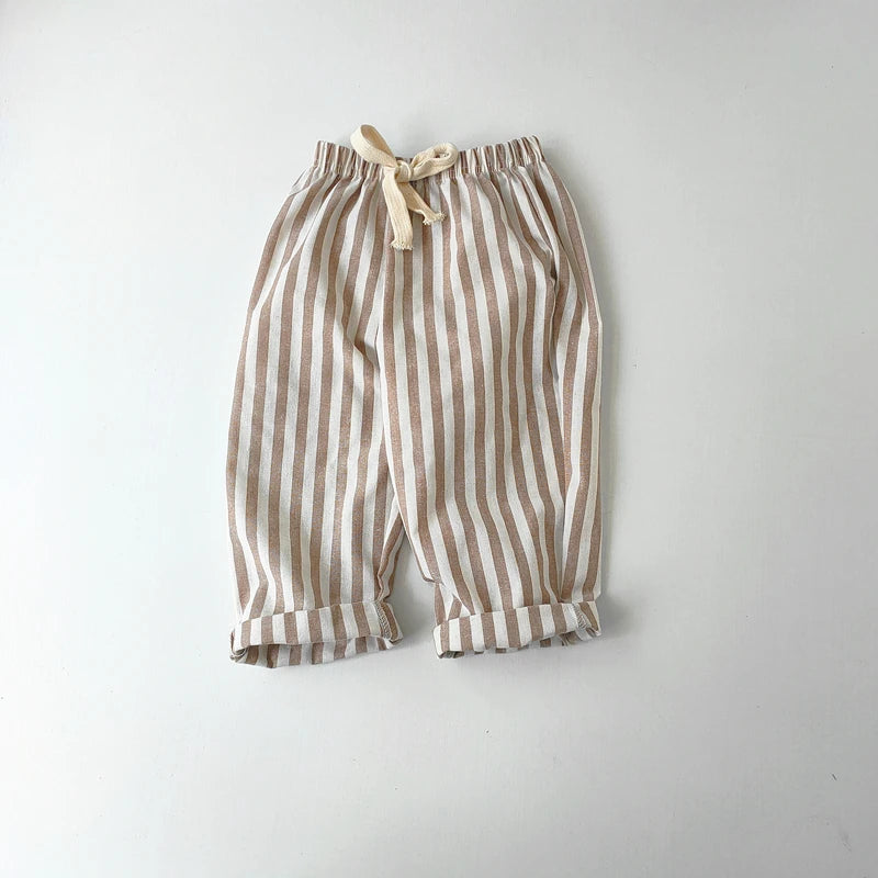 Short Lin Coton Enfant Rayures – Pantalon Court Casual Vintage Ample Garçon Fille Été
