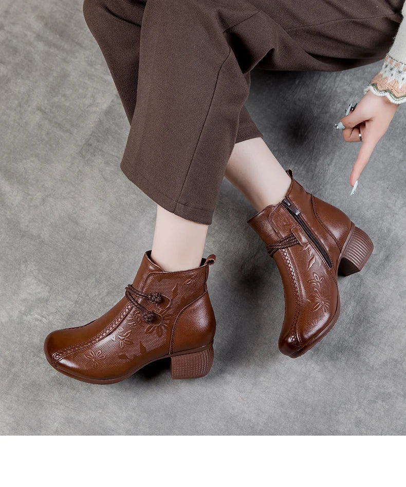 GKTINOO Bottines Cuir Véritable Talon Épais 2026 – Zip Retro Fait Main Automne Hiver