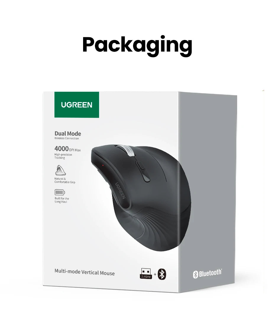 UGREEN Souris Verticale Ergonomique Sans Fil – Bluetooth 5.0 & 2.4G, 4000 DPI, 6 Boutons Silencieux | MacBook, PC & Tablette