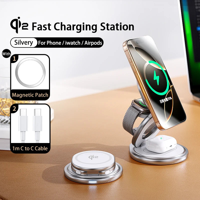 Chargeur Qi2 15W 360° Rotatif Pliable – iPhone 12-17 Pro Max Apple Watch AirPods