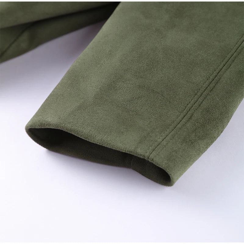 Veste Femme Suède Vert Élégante Manches Bouffantes Revers Fermeture Éclair Ample Plissée – Blouson Court Streetwear Printemps Automne | Mode 2025