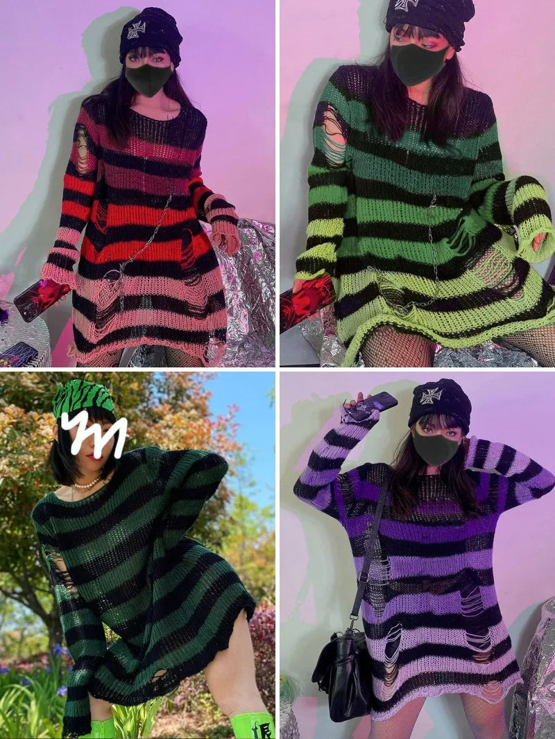 Gothic Damen Strickpullover Lila Streifen Zerrissen Ausgefranst – Fairy Grunge Lolita Emo Streetwear Stil