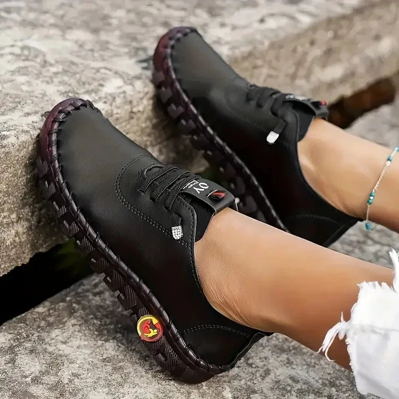 Sneakers Plateforme Loafers Lacets Cuir Femme 2024 – Flat Slip-On Casual Mom Shoe Printemps