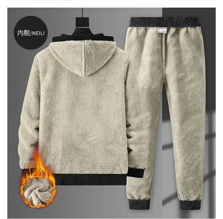 Ensemble Homme Cashmere Tracksuit Hiver – Veste + Pantalon Polaire Épaisse Capuche Chaud