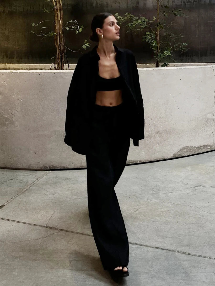 Damen-Zweiteiler aus Baumwolle, legeres Reverskragenhemd mit langen Ärmeln und Hose mit elastischem Bund, einfarbig, bequem – Sommer-Outfit | Bornladies