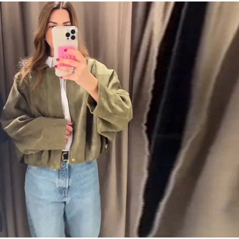 Veste Femme Suède Vert Élégante Manches Bouffantes Revers Fermeture Éclair Ample Plissée – Blouson Court Streetwear Printemps Automne | Mode 2025