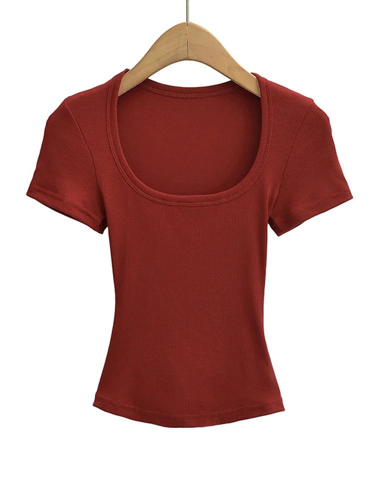 Crop Top Femme Col Carré Slim Stretch Manches Courtes Sexy – T-Shirt Court Élastique Casual Été | Mode