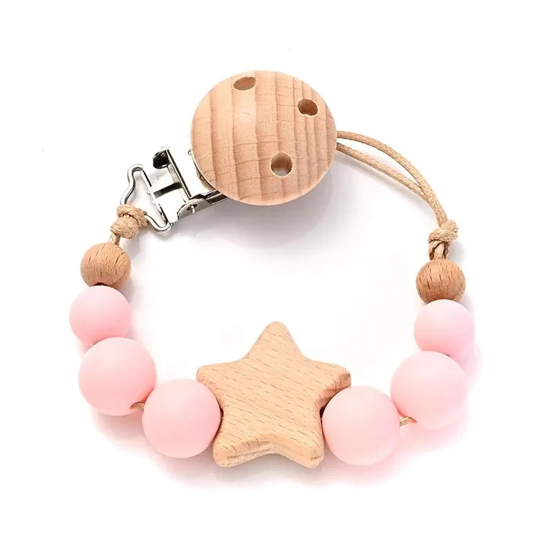 Attache-Tétine Bébé Perles Silicone & Bois Étoile – Chaîne Anneau Dentition Jouet À Mâcher Cadeau Naissance