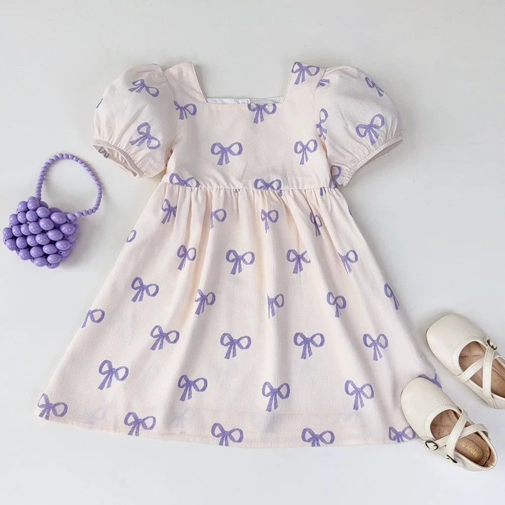 Robe Princesse Fille Manches Bouffantes Col Carré Nœud Imprimé – Tenue Casual Été 3-7 Ans