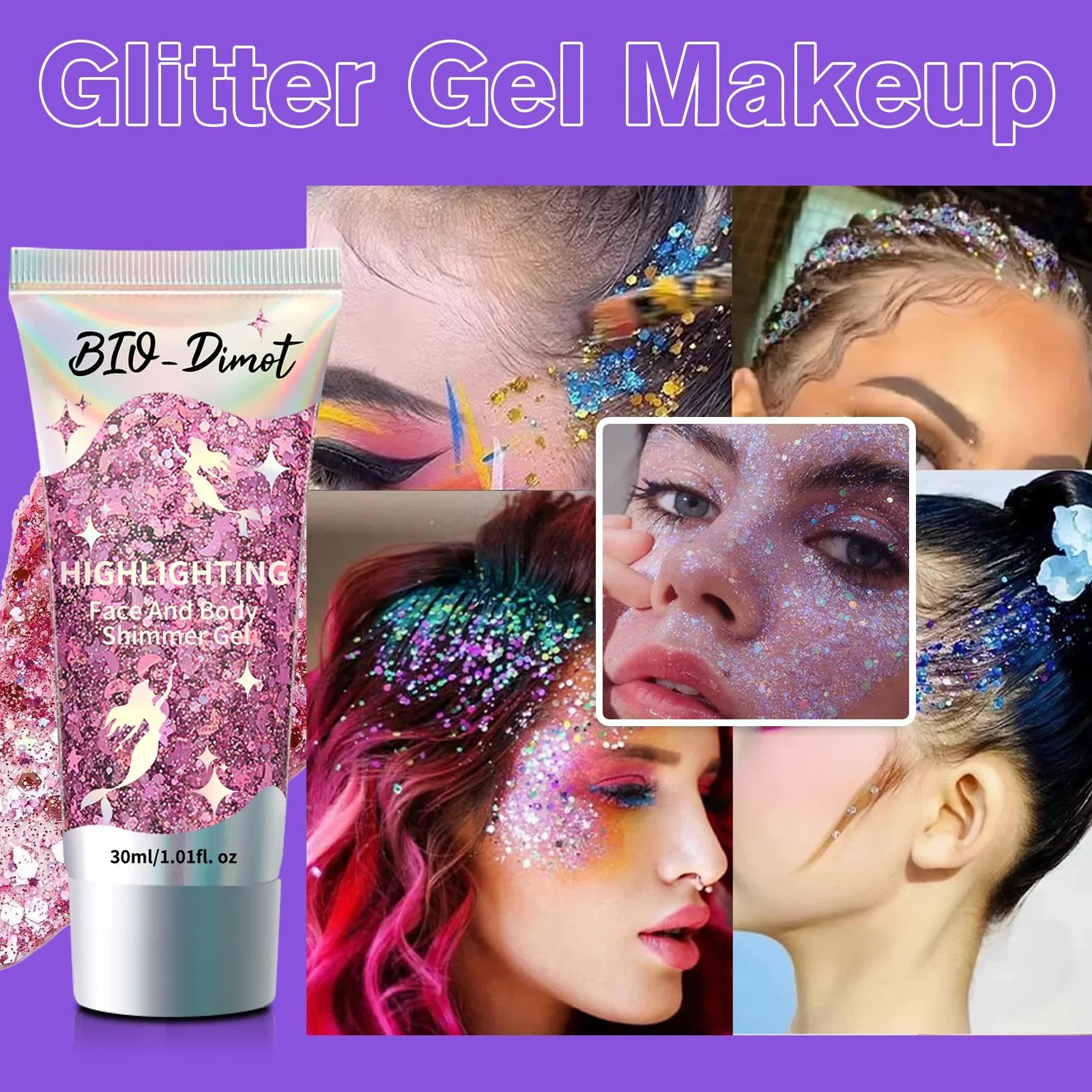 Gel Pailleté BIO-Dimot 30g – Visage, Corps, Ongles & Cheveux | Fête & Maquillage Artistique