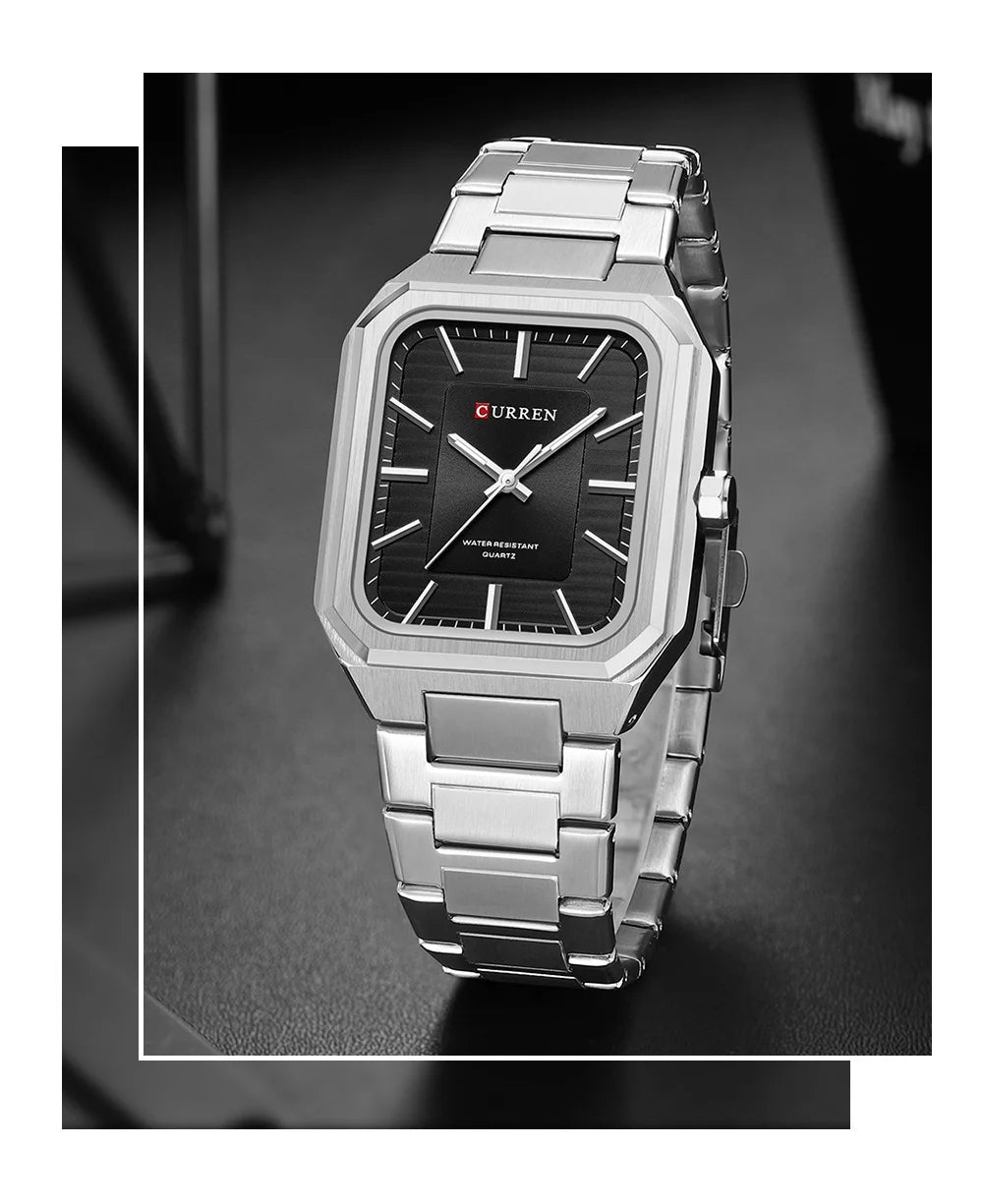 Montre Homme CURREN Vintage Rectangle Acier Inoxydable Quartz Lumineux Étanche – Style Rétro Chic
