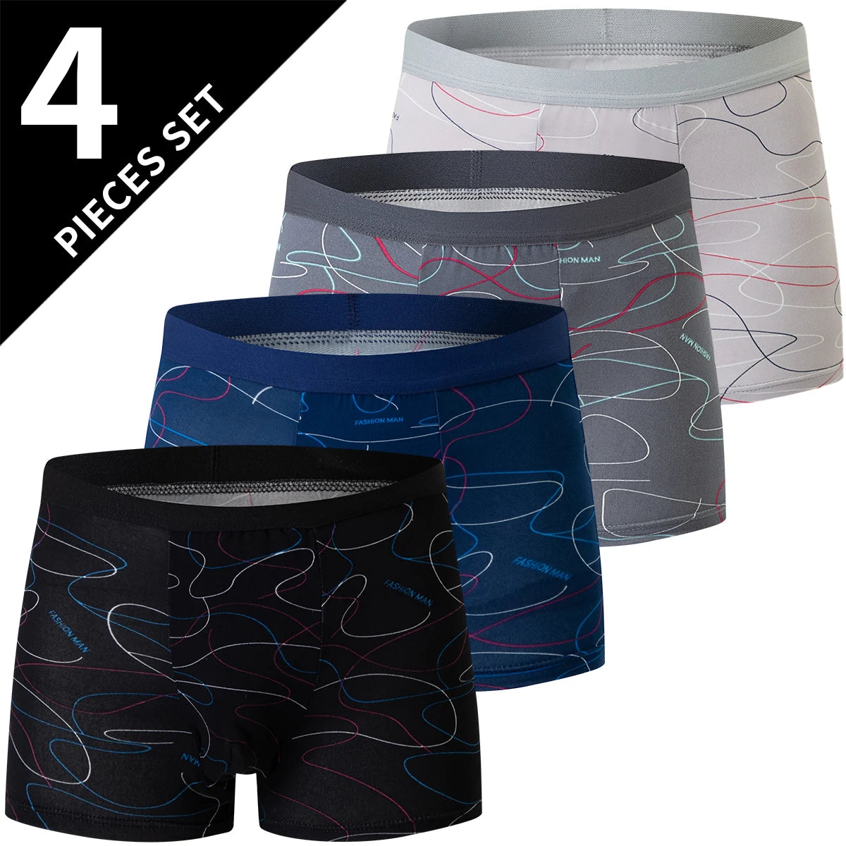 Pack 4 Boxers Homme Imprimés Taille US/EU Confortables Fashion Slip Short de Bain Oversize Sous-Vêtements Premium Multicolore – Pack 4 Boxers Premium Imprimés | Mode Homme Sous-Vêtements Premium