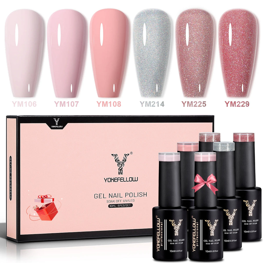 YOKEFELLOW Gel Polish Pastel Pink Glitter 6pcs – Vernis Semi-Permanent Été DIY Salon 10ML