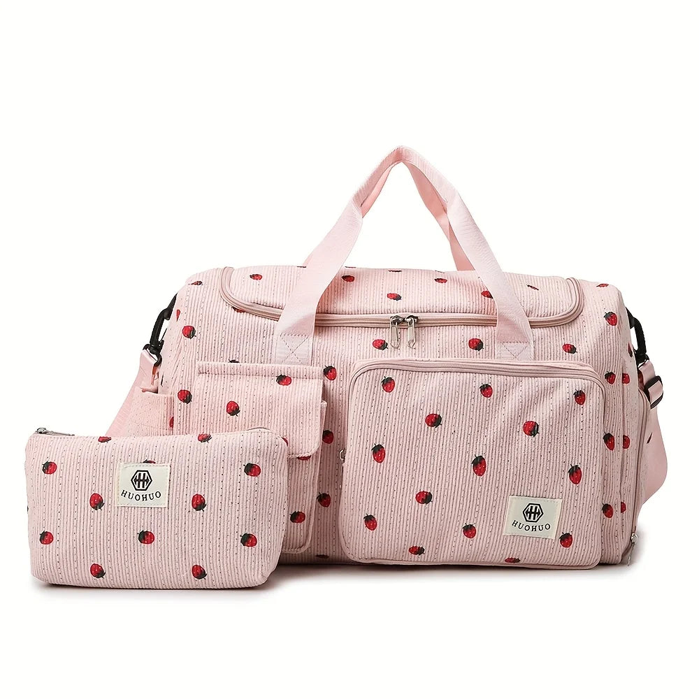 Sac de Voyage Fraise Velours Côtelé – Grande Capacité Bandoulière Léger Sport Fitness Bagage