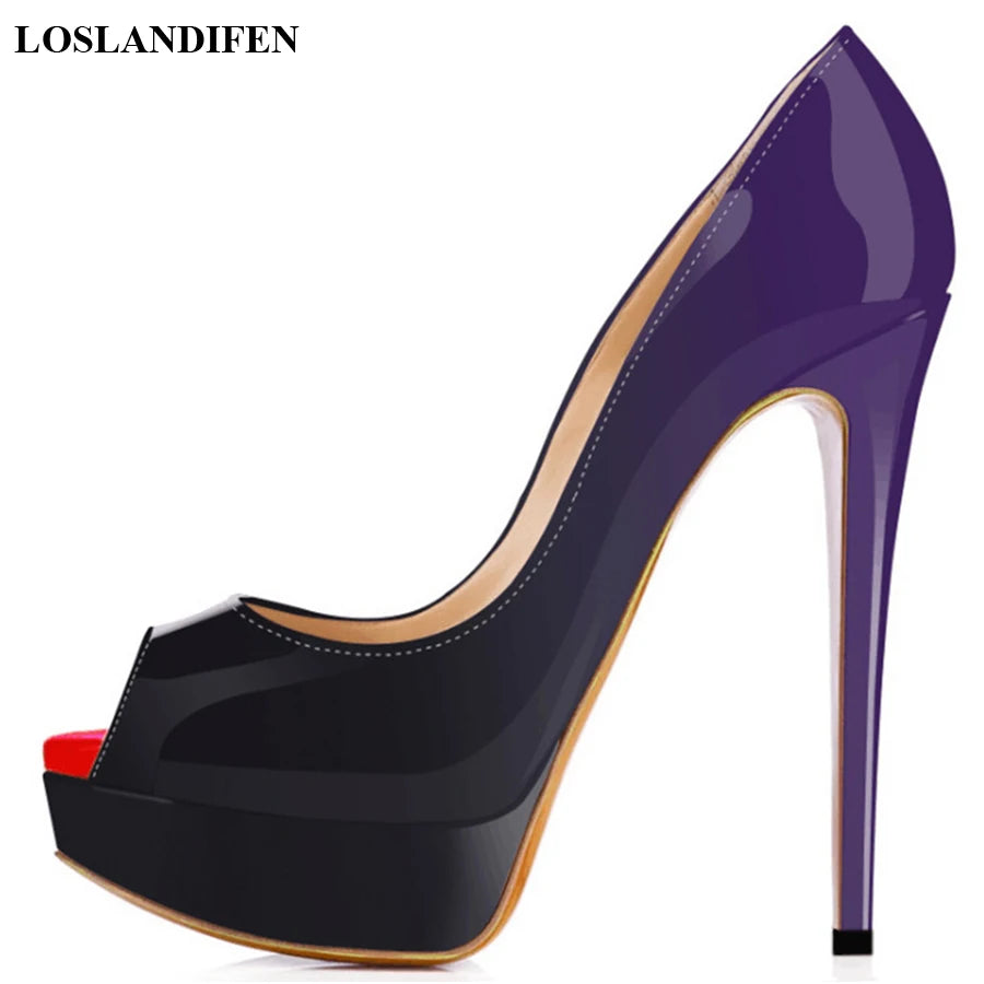 LOSLANDIFEN Escarpins 14CM Plateforme Peep Toe Gradient – Cuir Verni Rouge Mariage Fête