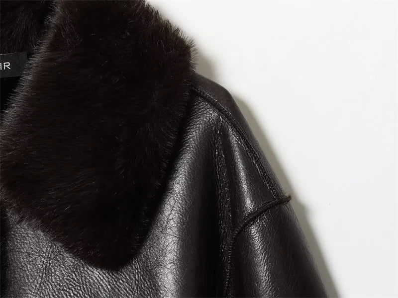 Veste Femme Cuir Synthétique Réversible Marron 2025 – Manches Longues Automne Hiver Unique
