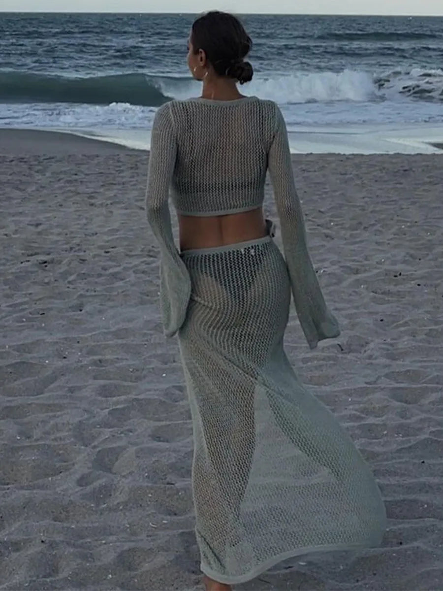 Ensemble 2 Pièces Tricoté Ajouré Femme – Top + Jupe Portefeuille Fente Élégante | Été Plage Vacances