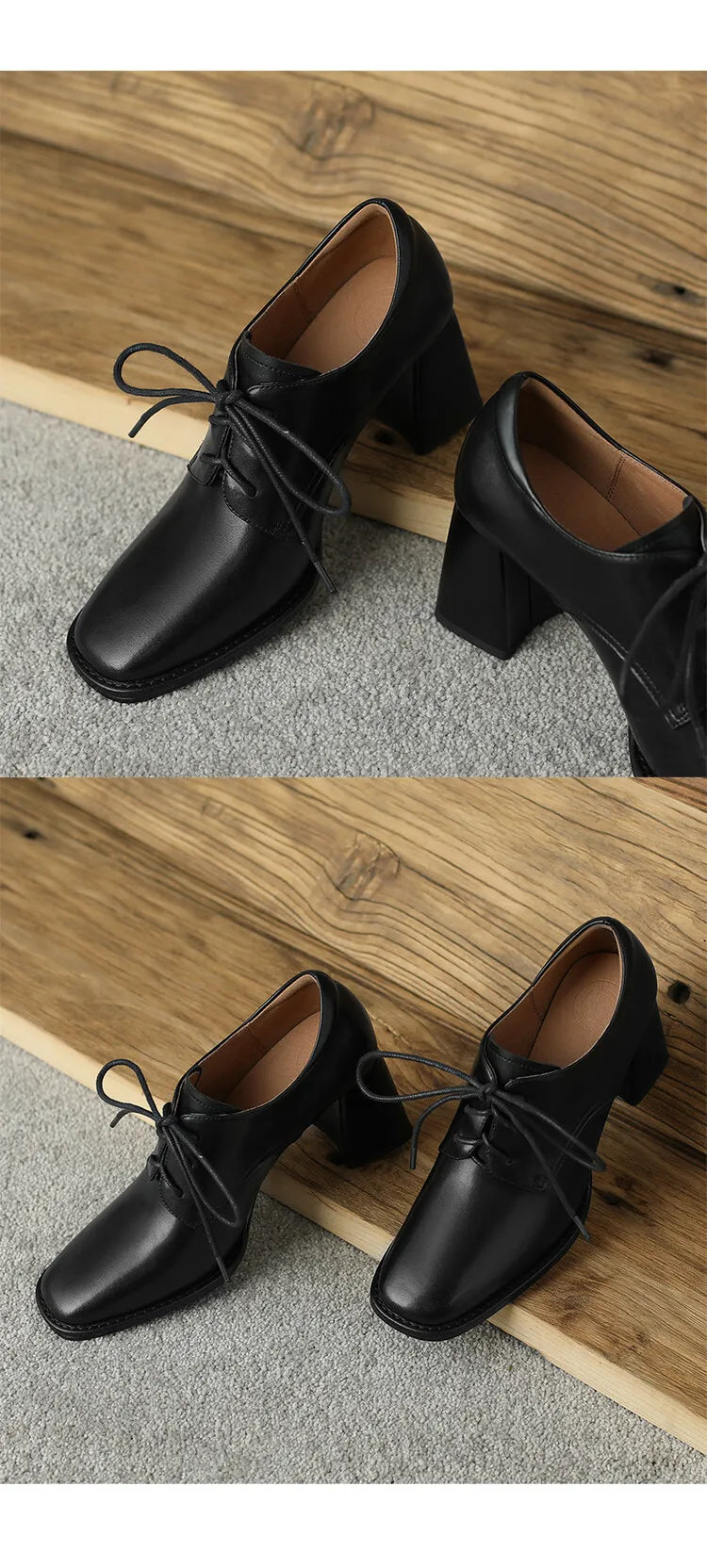 Loafers Bout Carré Chunky Heel Cuir Femme – Lacets Retro Noir Plus Size Printemps Automne