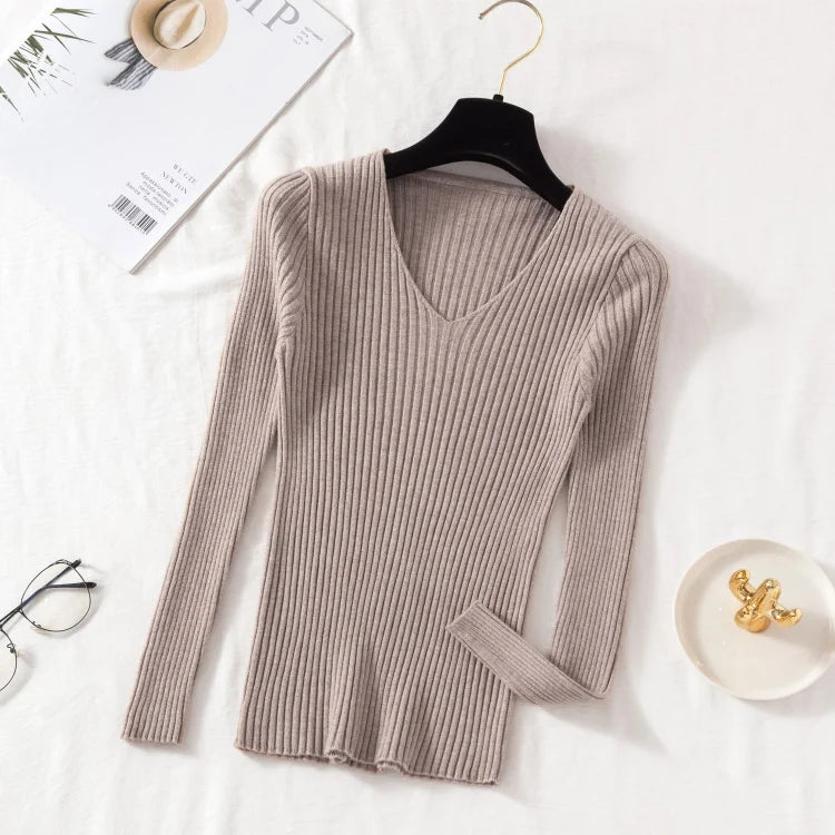Pull Femme Col V Tricoté Manches Longues Casual Uni Basique – Sweater Chaud Confortable Automne Hiver | Mode Intemporelle