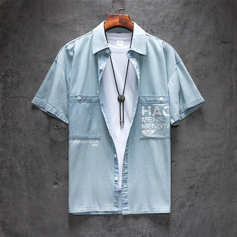 Chemise Jean Bleu Homme Manches Courtes 2023 – Coton Qualité Premium Été Plus Size M-4XL