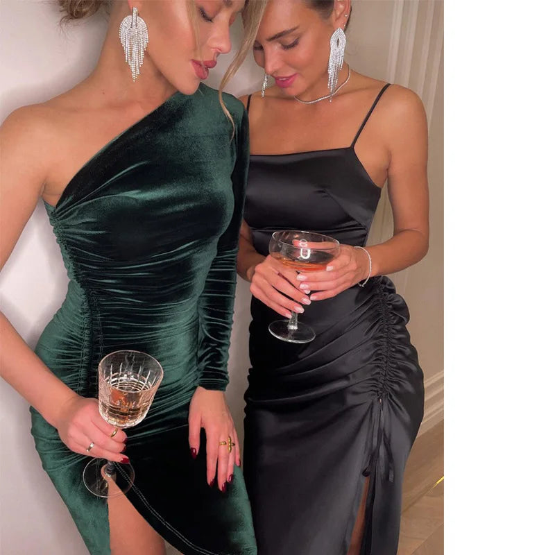 Elegantes Damen Samt Midi-Kleid Langarm Bodycon Schlitz Bleistift Abendkleid – Schickes Outfit Frühling Herbst | Glamour