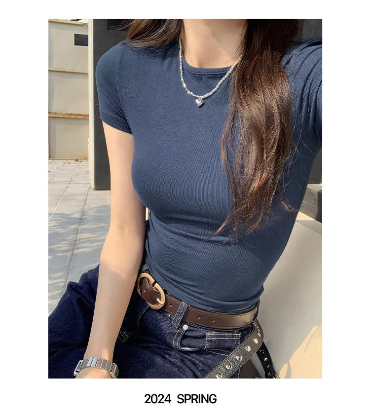 Crop Top Basique Uni Femme – Manches Courtes Col Rond Ajusté | Style Y2K Vintage Harajuku Streetwear