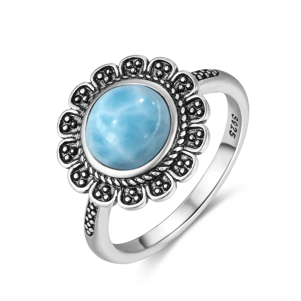Bague Argent 925 Pierre Larimar Naturelle Vintage – Forme Fleur Ronde Bleu Ciel & Eau de Mer | Bijou Fin Unisexe Pierre Rare des Caraïbes & Cadeau Premium