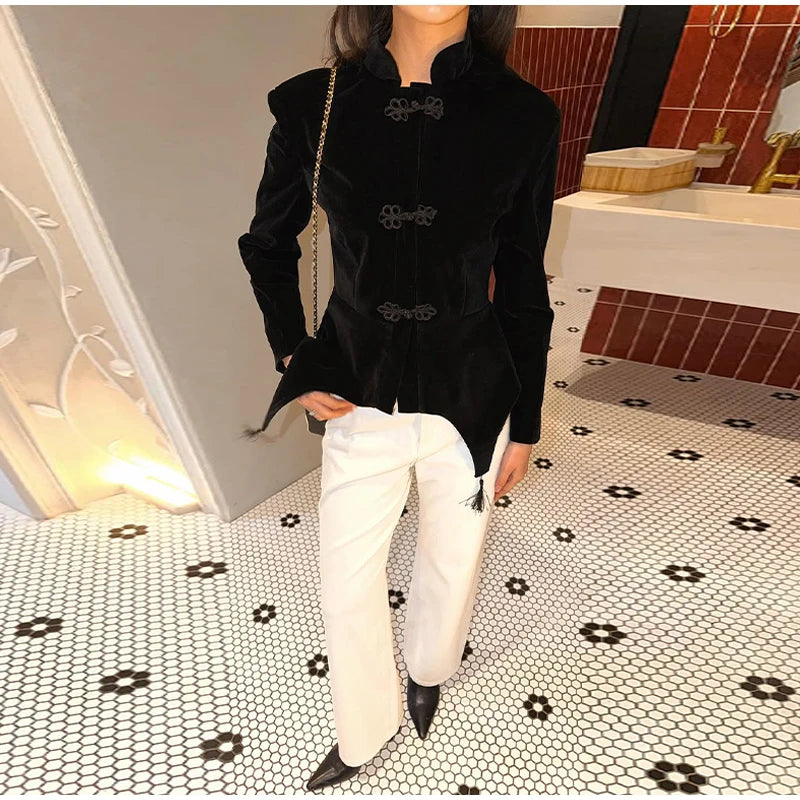 Veste Femme Velours Noir Franges Boutons Nœuds Ourlet Asymétrique Manches Longues Slim – Élégante Streetwear & Bureau
