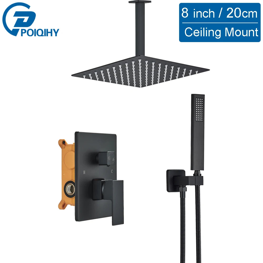 Ensemble Douche Encastré Noir Mat – 2-3 Voies, Mitigeur Caché, Pommeau Pluie | Salle de Bain Design