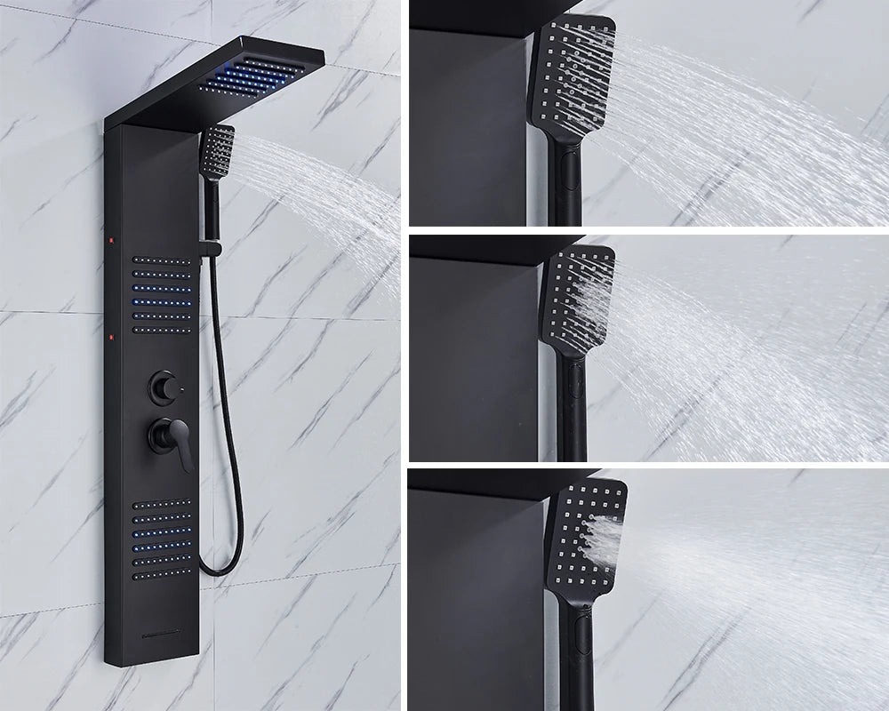 Rozin Colonne Douche Noire LED – 5 Modes dont Jets Massage & Cascade, Pluie, Affichage Digital | Panneau SPA Salle de Bain