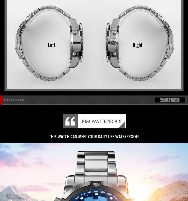 Montre Homme SKMEI Luxe Bracelet Acier 3 Fuseaux Horaires LED Sport Alarme Analogique Digitale Chronomètre | Montre SKMEI Multifonction Sport Luxe Premium