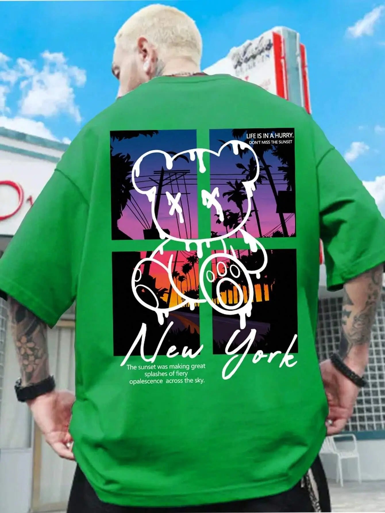T-Shirt Homme New York Art Cartoon Bear Coucher de Soleil Coton Loose Oversize Été Streetwear Graphic Fashion Tendance Confortable – T-Shirt Graphic Art Premium Oversize New York | Mode Homme Streetwear Graphic Art Premium