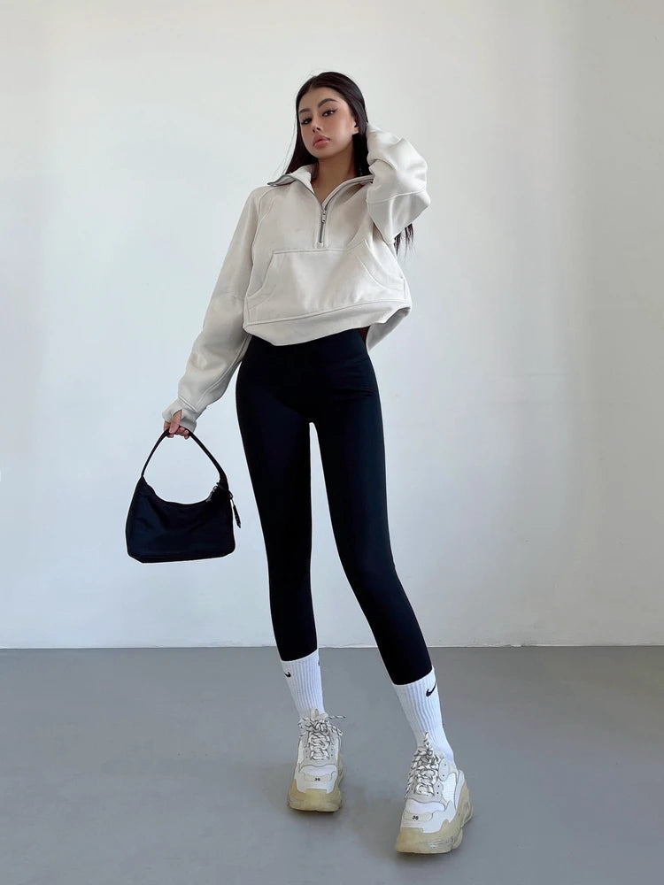Sweat Femme Oversize Zip Polaire – Hoodie Streetwear Chaud Casual Rose Blanc