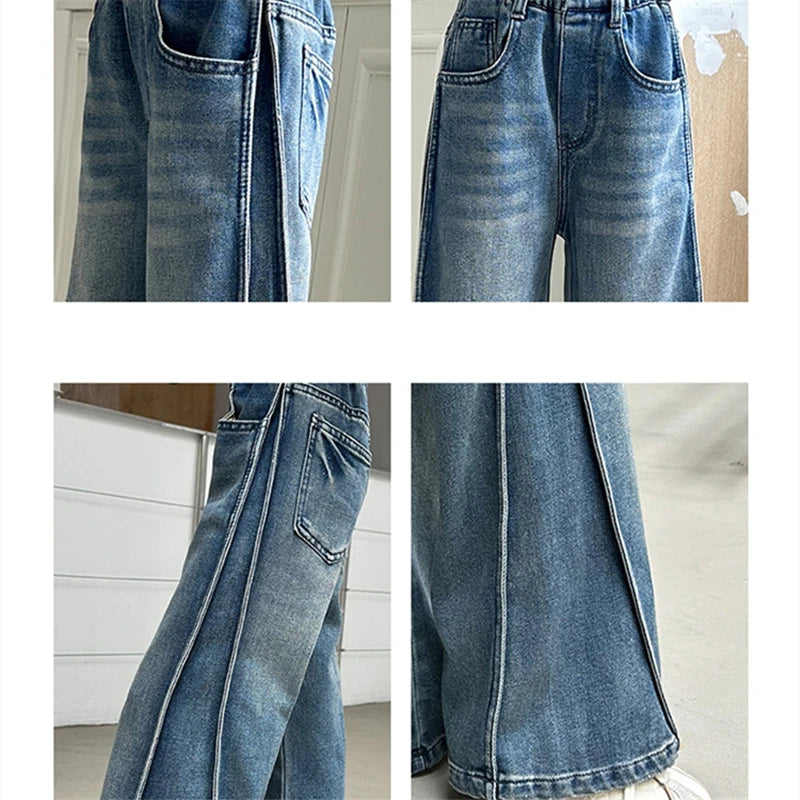 Jean Large Fille Taille Haute Bleu Foncé – Pantalon Denim Jambe Large Retroussable Enfant 4-14 Ans